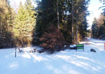 Lesní cesta Klepačovská - začátek / konec u Klepačova s posezením v zimě