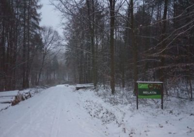 Lesní cesta Melatín - severní začátek / konec cesty v zimě s cedulí